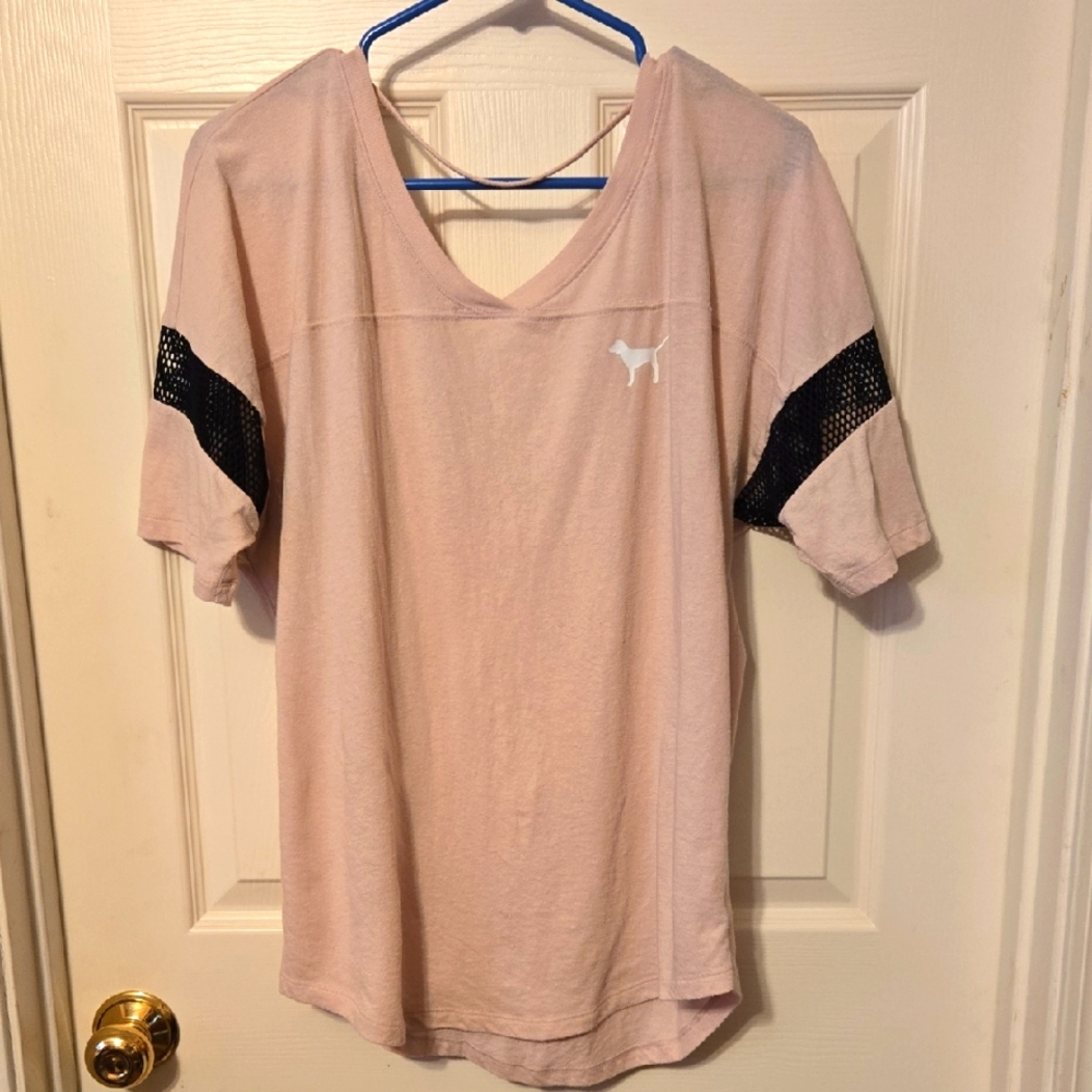 PINK Victoria's Secret Open Back, Black Mesh Accents T-Shirt